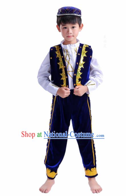 Chinese Traditional Uigurian Ethnic Costumes Uyghur Nationality Boy Folk Dance Royalblue Clothing for Kids