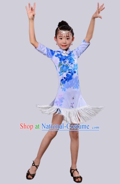 Chinese Traditional Classical Dance Costumes Latin Dance Blue Qipao Dress for Kids