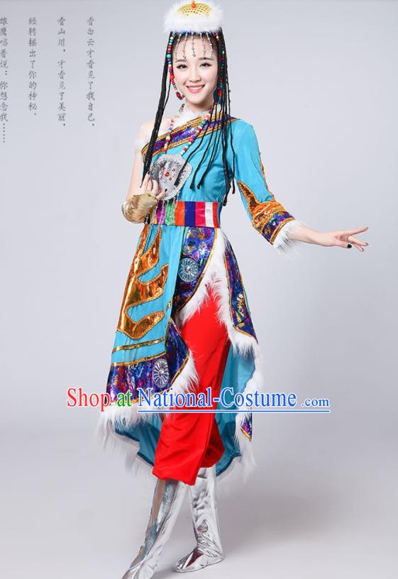 Chinese Traditional Tibetan Ethnic Costumes Zang Nationality Folk Dance Blue Dress for Women