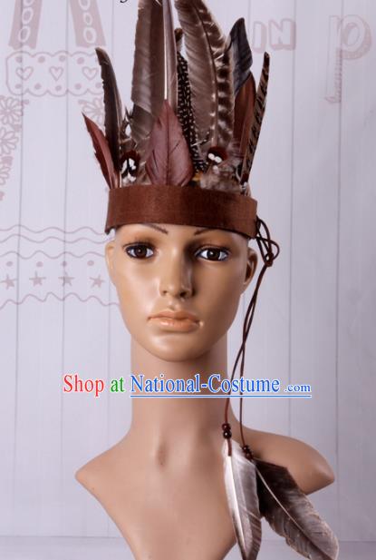 Halloween Savage Catwalks Deluxe Feather Headdress Cosplay Apache Knight Feather Hair Clasp for Adults