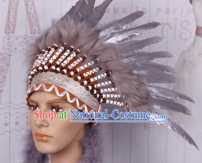 Halloween Savage Catwalks Deluxe Grey Feather Headdress Cosplay Apache Knight Feather Hair Clasp for Adults