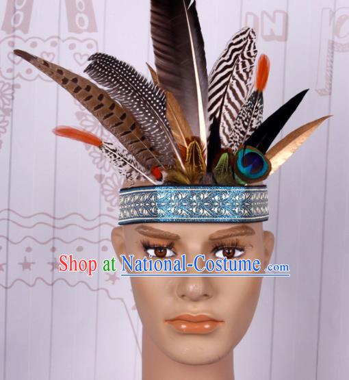 Halloween Catwalks Savage Colorful Feather Headdress Cosplay Apache Knight Feather Hair Clasp for Adults