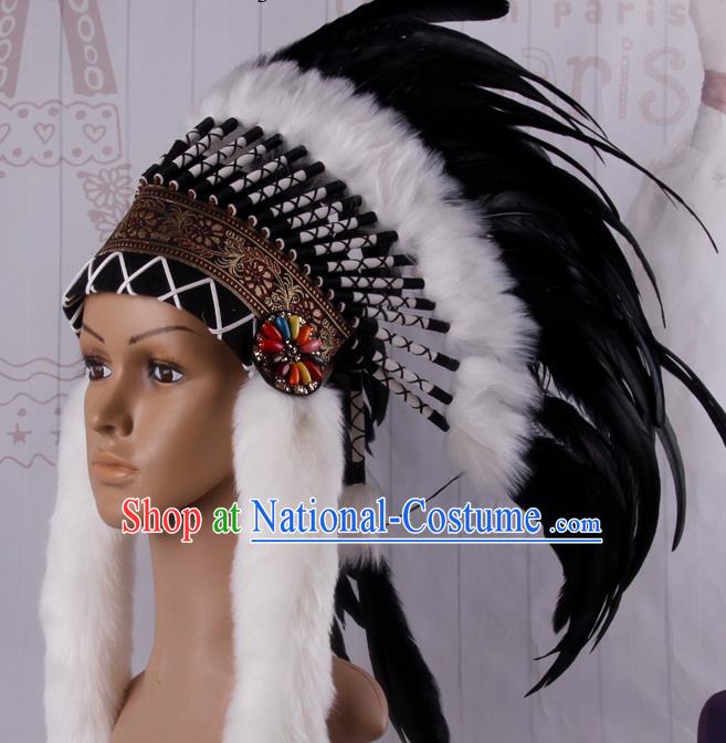 Halloween Catwalks Primitive Tribe Deluxe Black Feather Headdress Cosplay Apache Knight Feather Hat for Adults