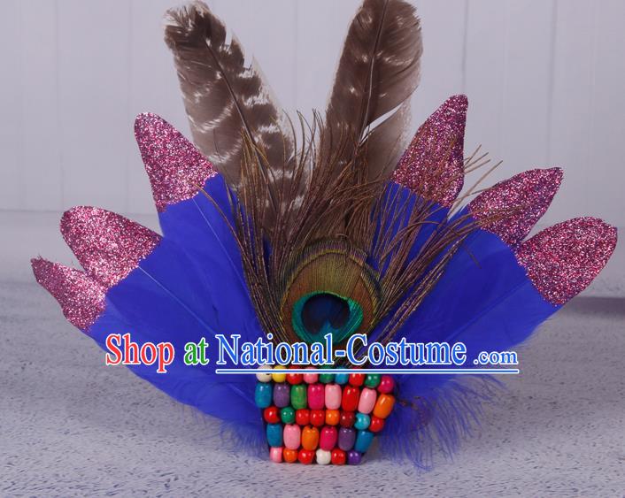 Halloween Catwalks Royalblue Feather Hair Accessories Cosplay Primitive Tribe Feather Hair Clasp for Kids