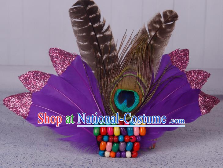 Halloween Catwalks Purple Feather Hair Accessories Cosplay Primitive Tribe Feather Hair Clasp for Kids