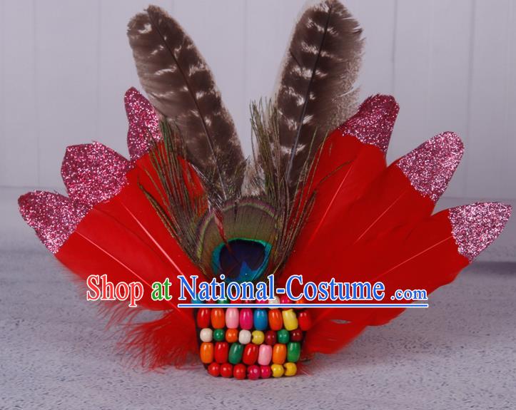 Halloween Catwalks Red Feather Hair Accessories Cosplay Primitive Tribe Feather Hair Clasp for Kids