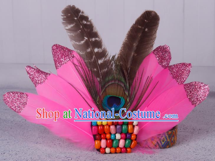 Halloween Catwalks Pink Feather Hair Accessories Cosplay Primitive Tribe Feather Hair Clasp for Kids