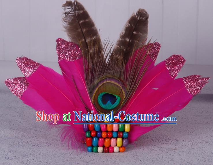 Halloween Catwalks Rosy Feather Hair Accessories Cosplay Primitive Tribe Feather Hair Clasp for Kids