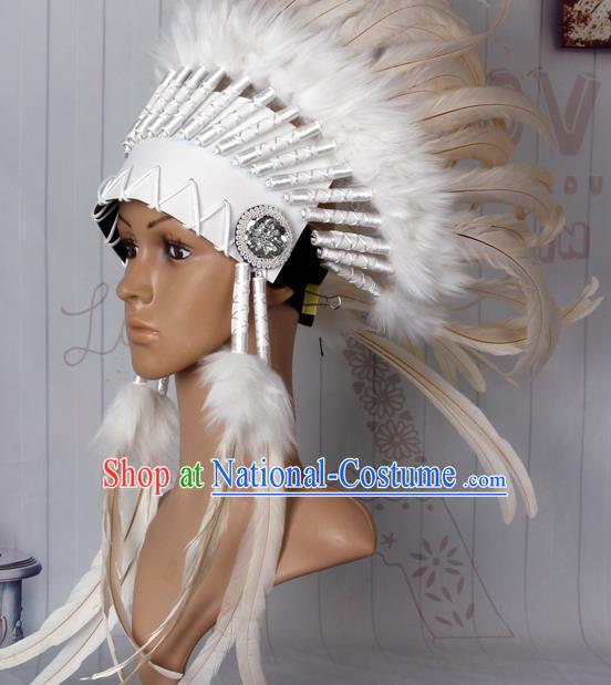 Halloween Performance Catwalks Headwear Cosplay Apache Knight Hair Accessories White Feather Hat for Adults