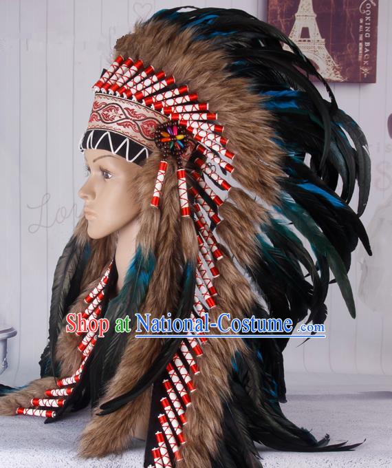 Halloween Performance Catwalks Headwear Cosplay Apache Knight Hair Accessories Deluxe Blue Feather Hat for Adults