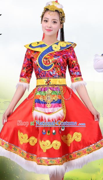 Chinese Traditional Tibetan Ethnic Costumes Zang Nationality Folk Dance Red Dress for Women