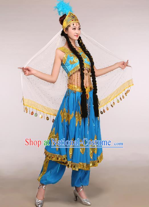 Chinese Traditional Uigurian Ethnic Costumes Uyghur Nationality Folk Dance Blue Dress for Women