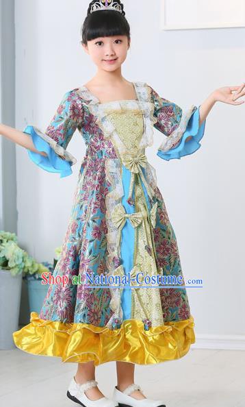 Top Grade European Classical Dance Costumes Court Dance Blue Full Dress for Kids