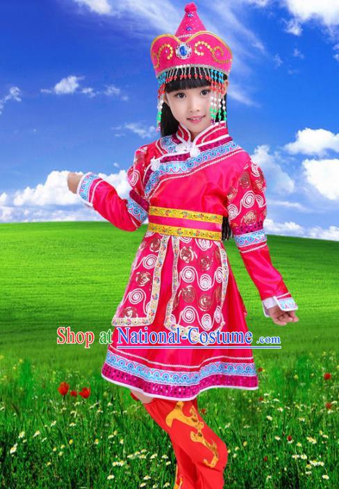 Chinese Mongolian Ethnic Costumes Traditional Mongol Nationality Folk Dance Rosy Dress for Kids