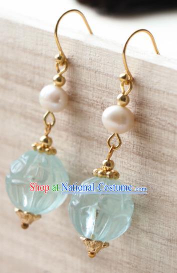 Traditional Chinese Earrings Ancient Handmade Palace Lady Blue Bead Ear Accessories for Women