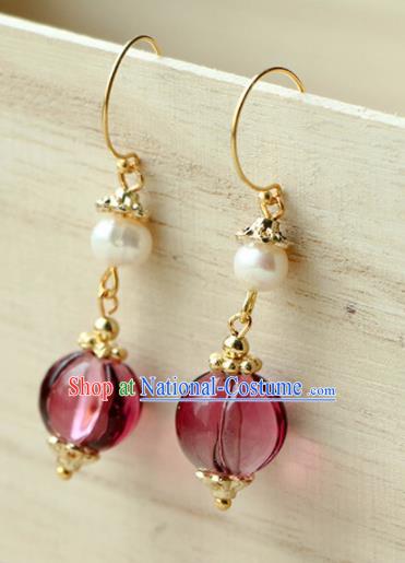 Traditional Chinese Earrings Ancient Handmade Palace Lady Purple Bead Ear Accessories for Women