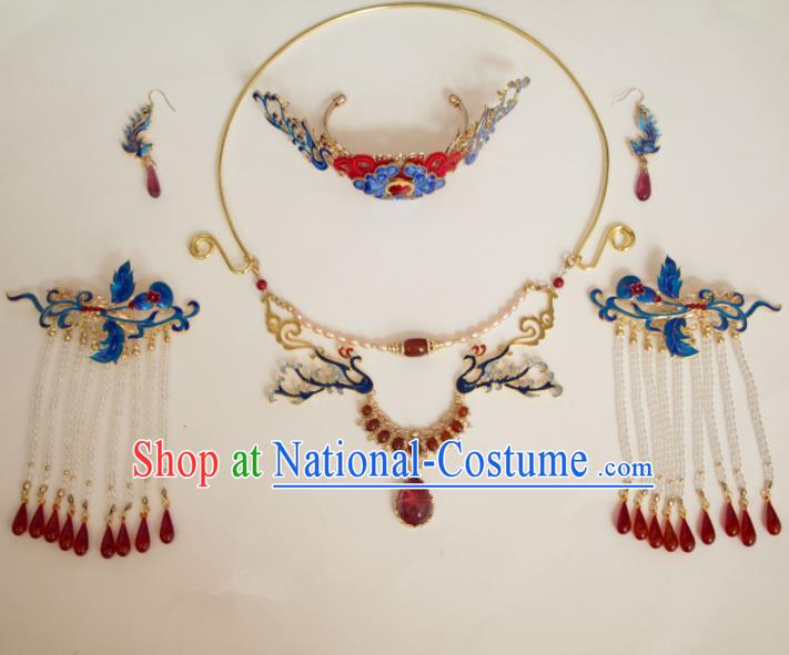 Chinese Traditional Handmade Blueing Hair Accessories Ancient Hairpins Necklace Complete Set for Women