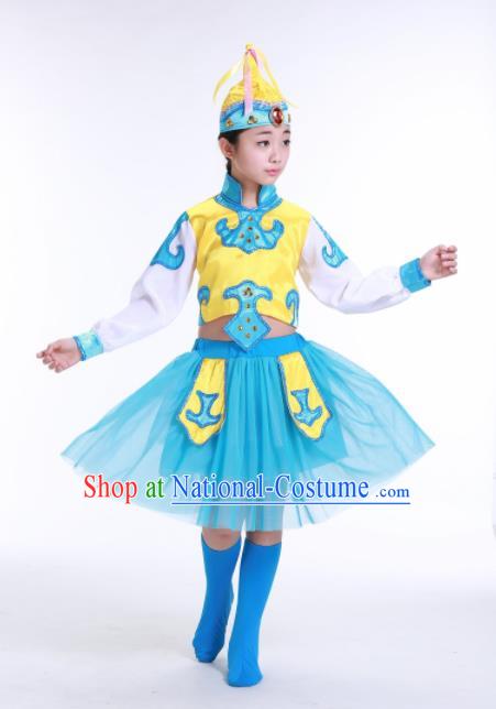 Chinese Ethnic Costumes Traditional Mongolian Nationality Folk Dance Blue Dress for Kids