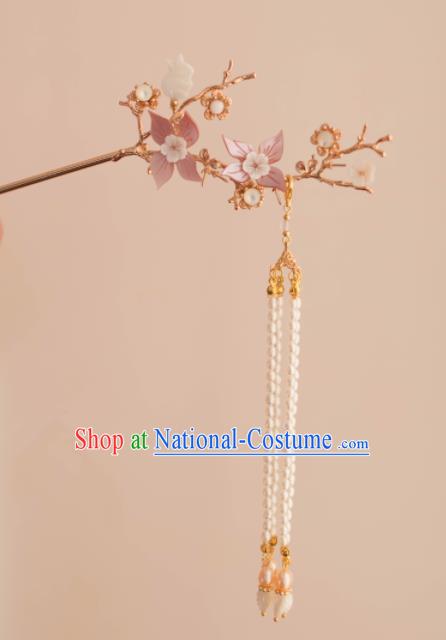 Chinese Traditional Handmade Pink Flowers Hair Clip Hair Accessories Ancient Tassel Hairpins for Women