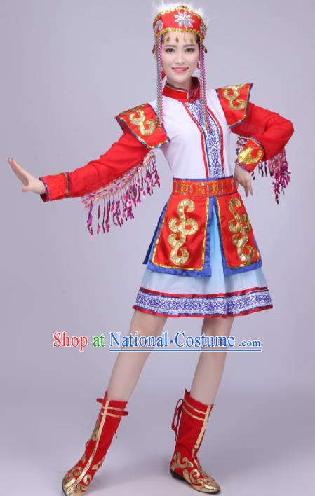 Chinese Traditional Mongolian Ethnic Costumes Mongol Nationality Folk Dance Red Dress for Women