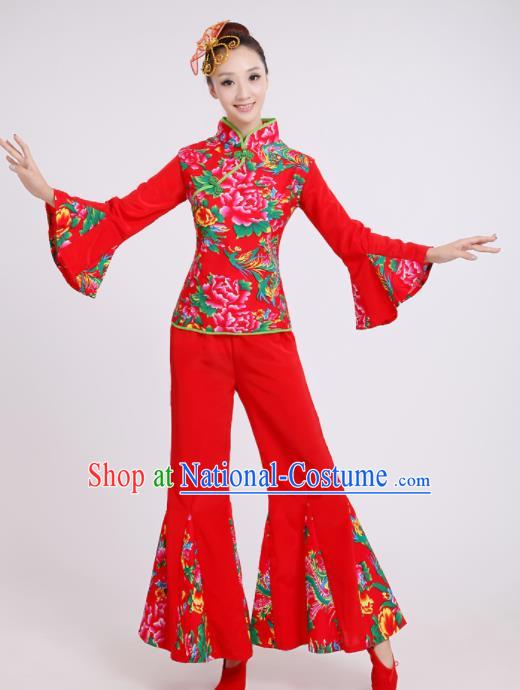 Chinese Traditional Classical Dance Costumes Folk Dance Yanko Fan Dance Red Clothing for Women