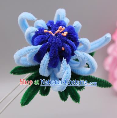 Chinese Traditional Handmade Hair Accessories Ancient Qing Dynasty Queen Blue Velvet Flower Hairpins for Women