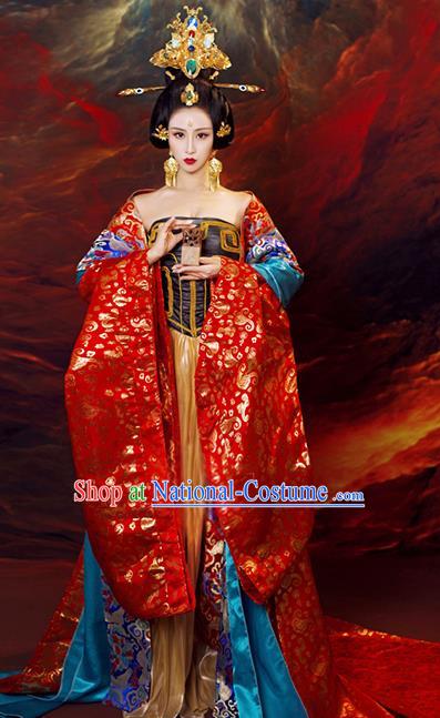 Chinese Ancient Cosplay Queen Replica Costumes Traditional Tang Dynasty Empress Hanfu Dress and Headpiece for Women