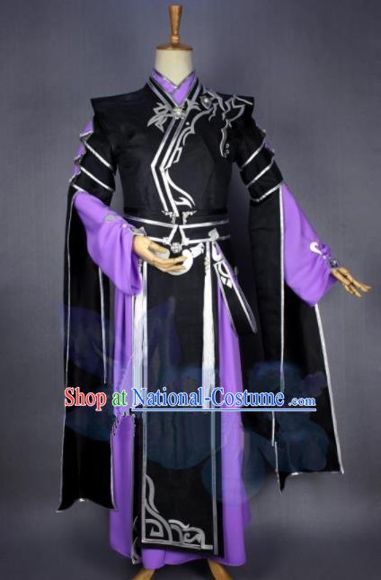 Asian Chinese Cosplay Swordsman Black Costumes Ancient Royal Highness Clothing for Men