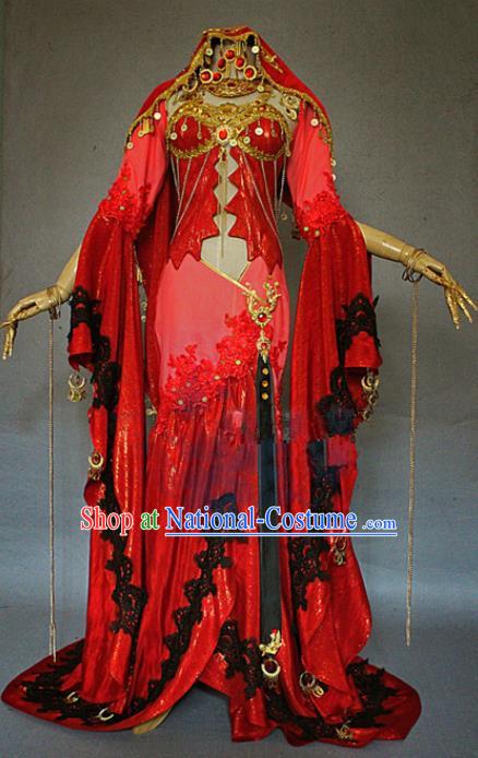 Asian Chinese Cosplay La Bayadere Red Costumes Ancient Swordswoman Dress Clothing for Women