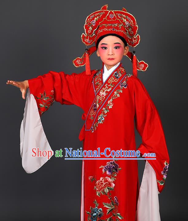 Chinese Traditional Peking Opera Niche Costume Ancient Scholar Red Robe and Hat for Kids