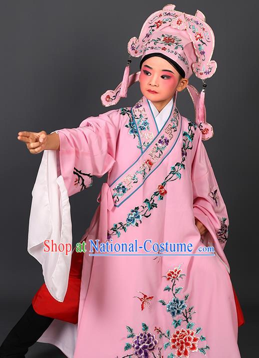 Chinese Traditional Peking Opera Niche Costume Ancient Scholar Pink Robe and Hat for Kids