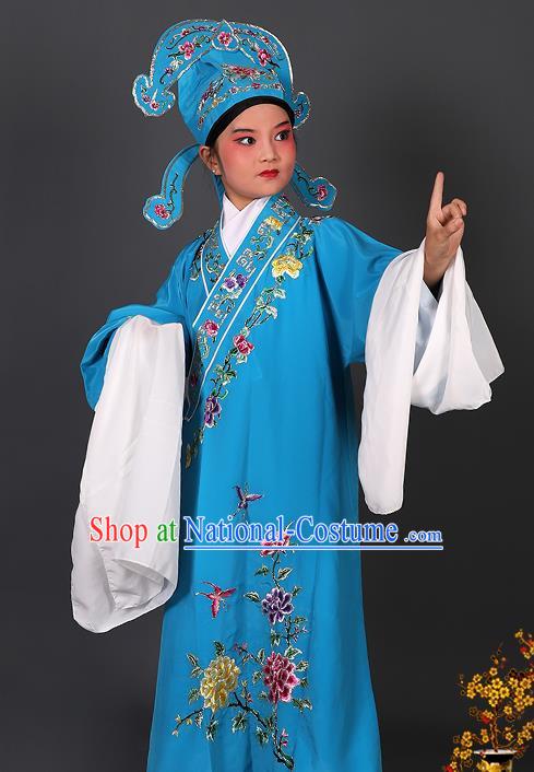 Chinese Traditional Peking Opera Niche Costume Ancient Scholar Blue Robe and Hat for Kids