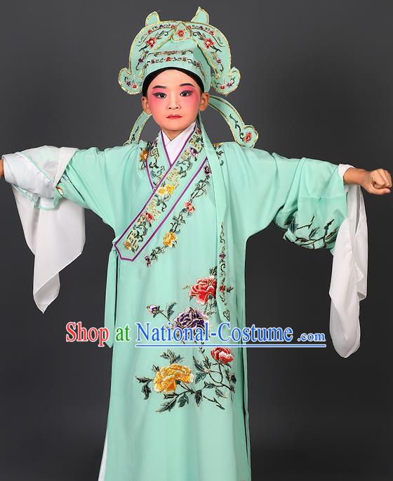 Chinese Traditional Peking Opera Niche Costume Ancient Scholar Green Robe and Hat for Kids