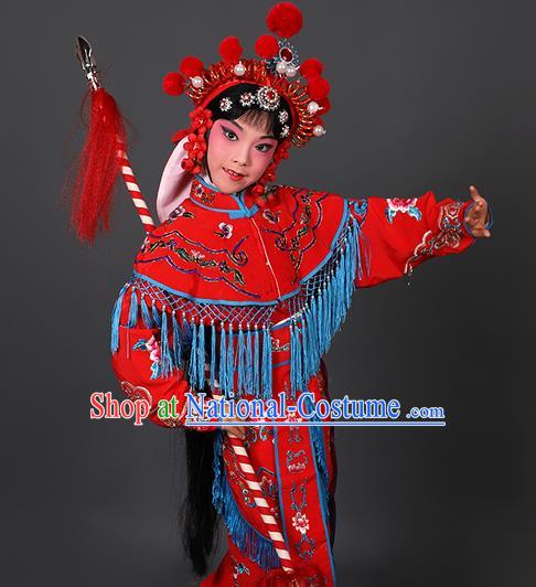 Chinese Traditional Peking Opera Blues Costumes Ancient Female Warriors Red Clothing for Kids