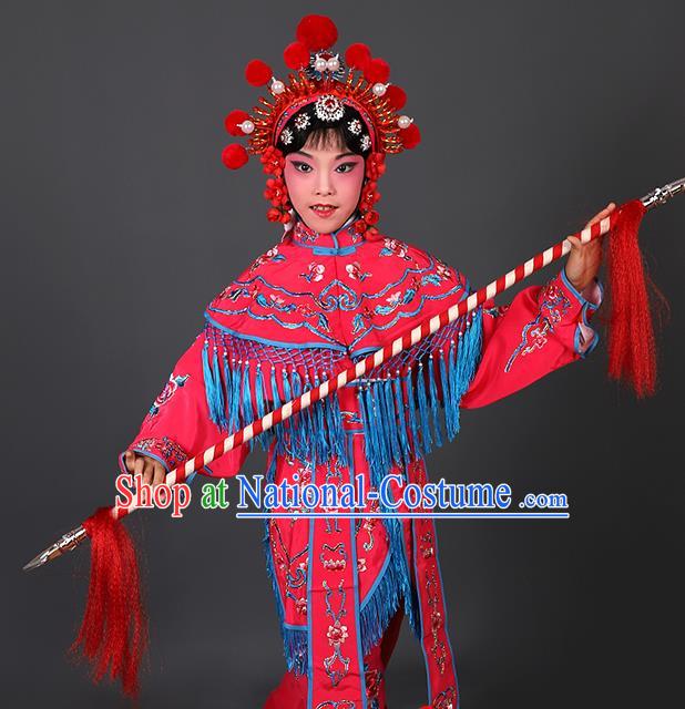 Chinese Traditional Peking Opera Blues Costumes Ancient Female Warriors Rosy Clothing for Kids