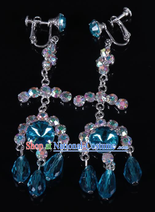 Chinese Traditional Peking Opera Jewelry Accessories Blue Crystal Earrings for Women