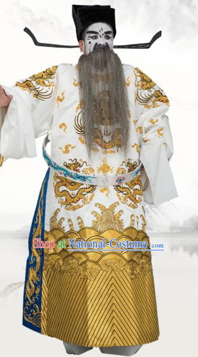 Chinese Traditional Peking Opera Old Men Costume Ancient Prime Minister White Embroidered Robe for Adults