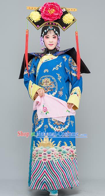 Chinese Traditional Peking Opera Diva Costumes Ancient Qing Dynasty Empress Blue Dress for Adults