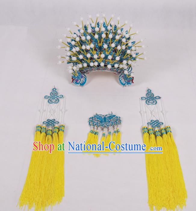 Chinese Traditional Peking Opera Actress Hat Ancient Bride Yellow Tassel Phoenix Coronet for Adults