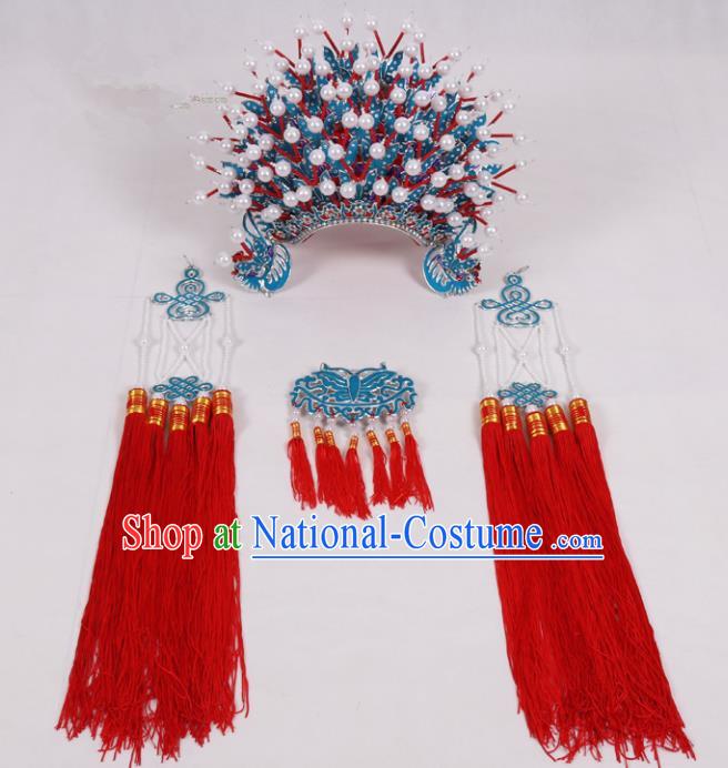 Chinese Traditional Peking Opera Actress Hat Ancient Bride Red Tassel Phoenix Coronet for Adults