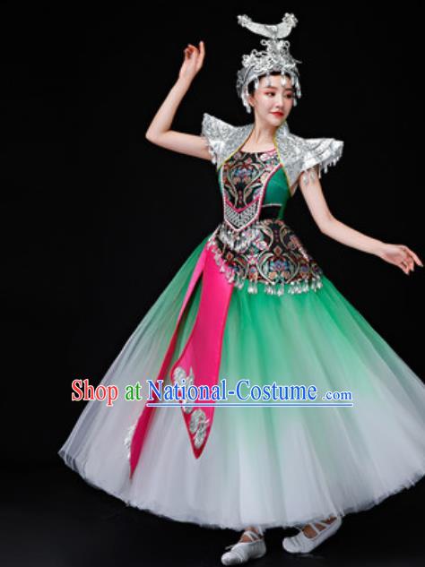 Chinese Traditional Miao Nationality Folk Dance Costumes Hmong Dance Green Dress for Women