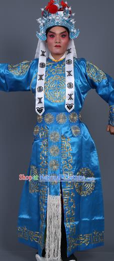 Chinese Traditional Peking Opera Takefu Costume Ancient Imperial Bodyguard Blue Embroidered Robe for Adults