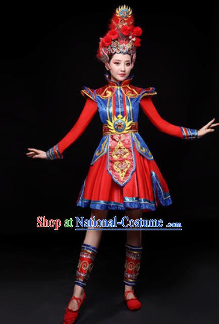 Chinese Traditional Mongol Nationality Folk Dance Costume Mongolian Drum Dance Red Dress for Women