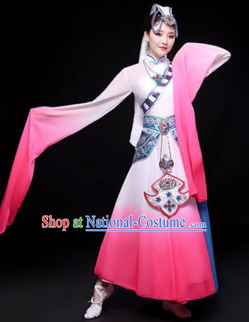 Chinese Traditional Mongol Nationality Folk Dance Costume Mongolian Minority Dance Pink Dress for Women