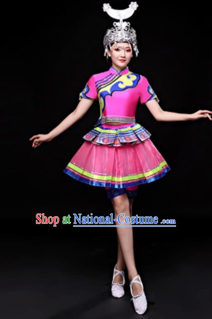 Chinese Traditional Miao Nationality Folk Dance Costume Hmong Minority Dance Rosy Dress for Women