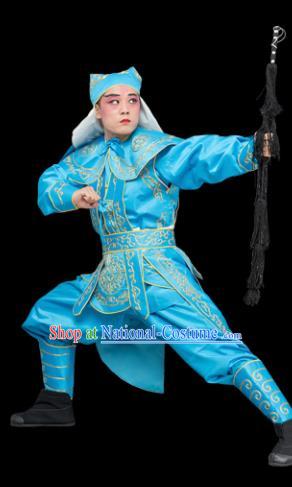 Chinese Traditional Peking Opera Takefu Costume Ancient Soldier Blue Clothing for Adults