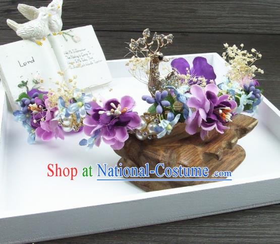 Top Grade Handmade Wedding Hair Accessories Purple Flowers Deer Hair Stick Headwear for Women