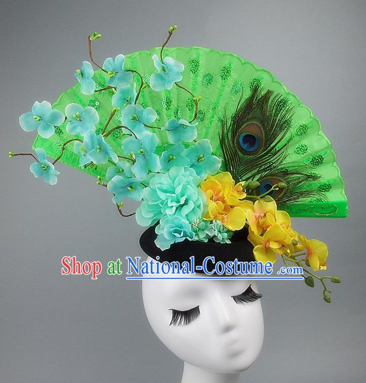 Handmade Halloween Cosplay Hair Accessories Chinese Stage Performance Green Flowers Hair Clasp Headwear for Women