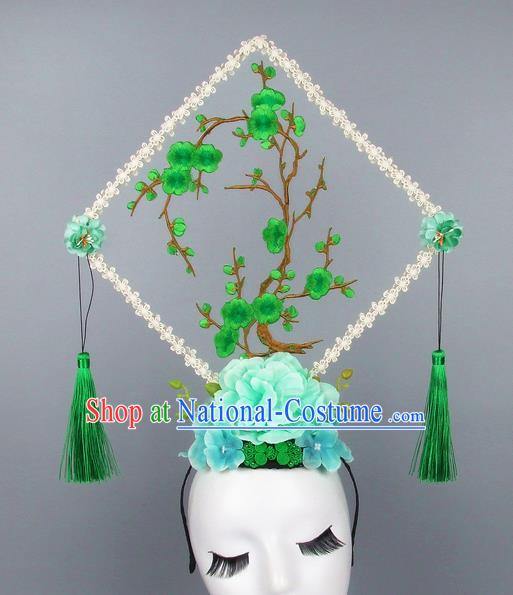 Handmade Halloween Green Plum Blossom Square Hair Accessories Chinese Stage Performance Hair Clasp Headdress for Women