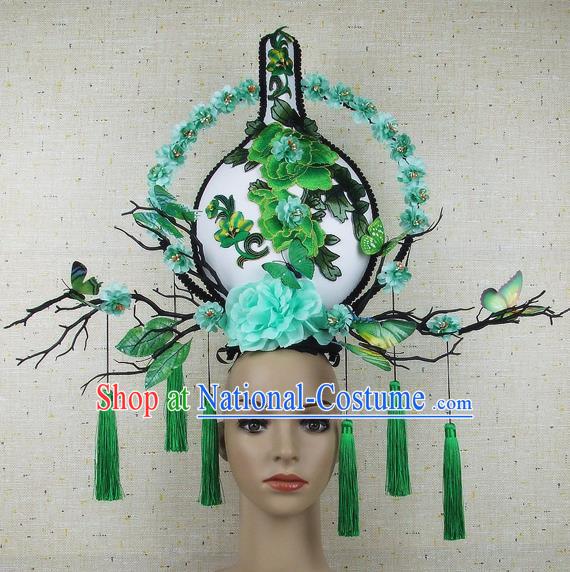 Handmade Halloween Green Peony Vase Hair Accessories Chinese Stage Performance Hair Clasp Headdress for Women